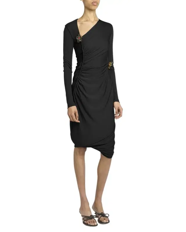 Flower-Applique Long-Sleeve Ruched Matte Crepe Viscose Jersey Dress