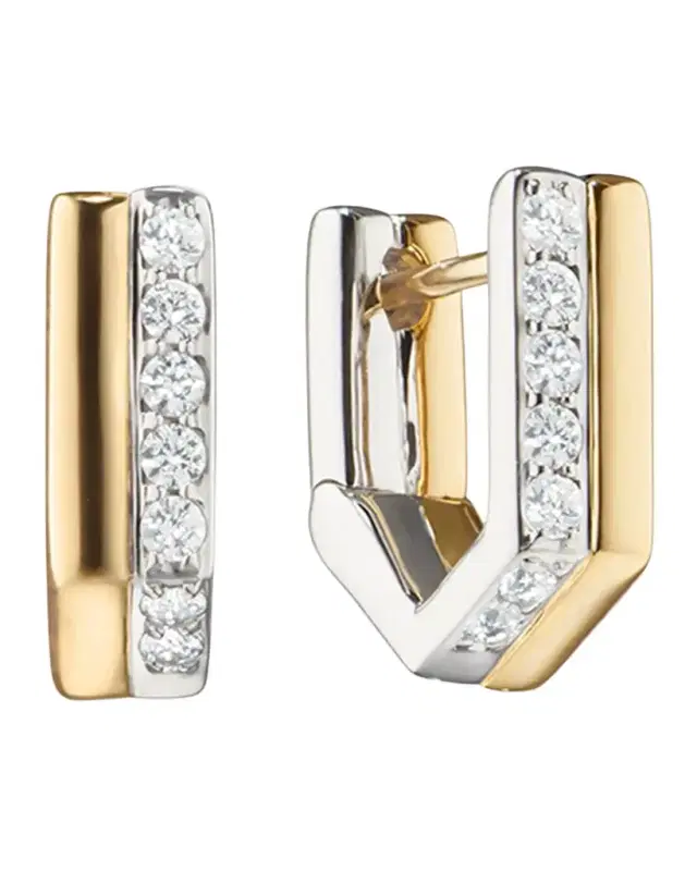 18K Gold and Sterling Silver Huggie Earrings with White Sapphire