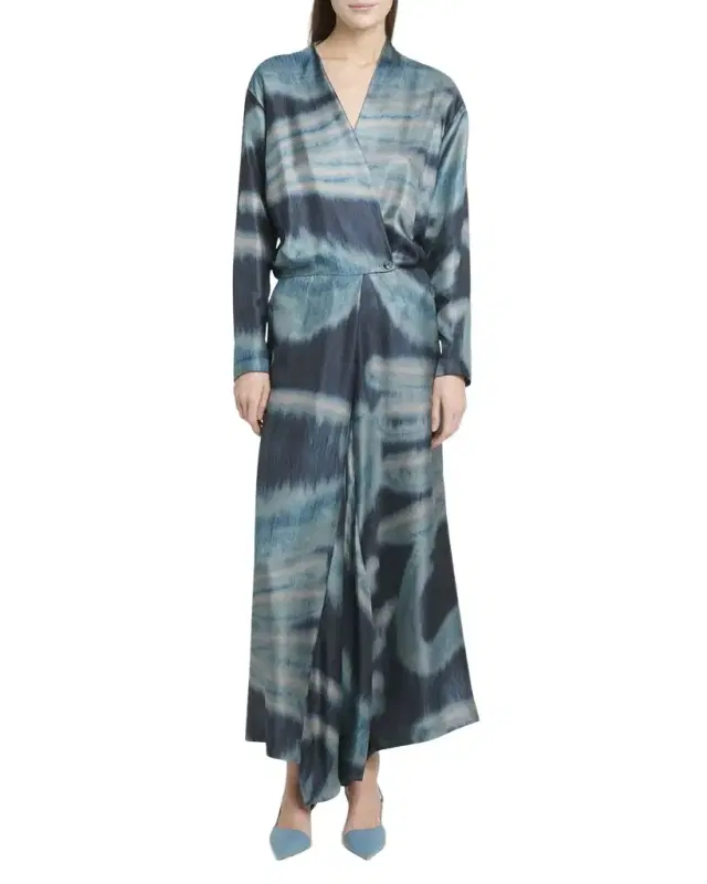 Abstract-Print Silk Long-Sleeve Maxi Wrap Dress