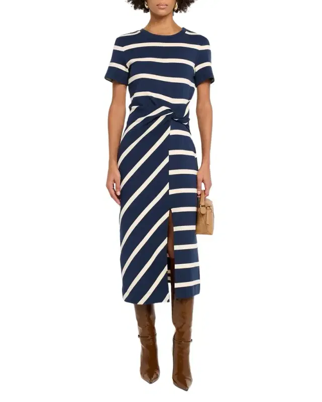 Cody Twisted-Waist Short-Sleeve Striped Midi Dress