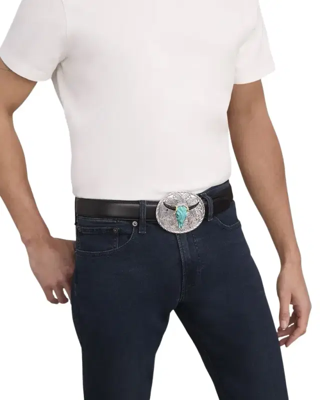 Men 's Sterling Silver 18K Anthem Turquoise Longhorn Belt Buckle, 85mm
