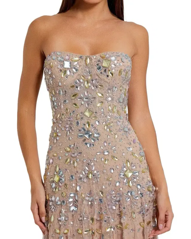 Mac Duggal Crystal-Embellished Mesh Strapless Gown