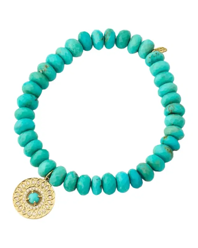 Turquoise Bead Bracelet with Diamond Marquise Eye Open Wheel Charm