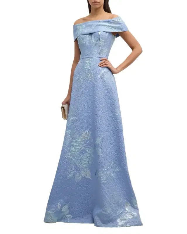Off-Shoulder Metallic Flower Jacquard Gown