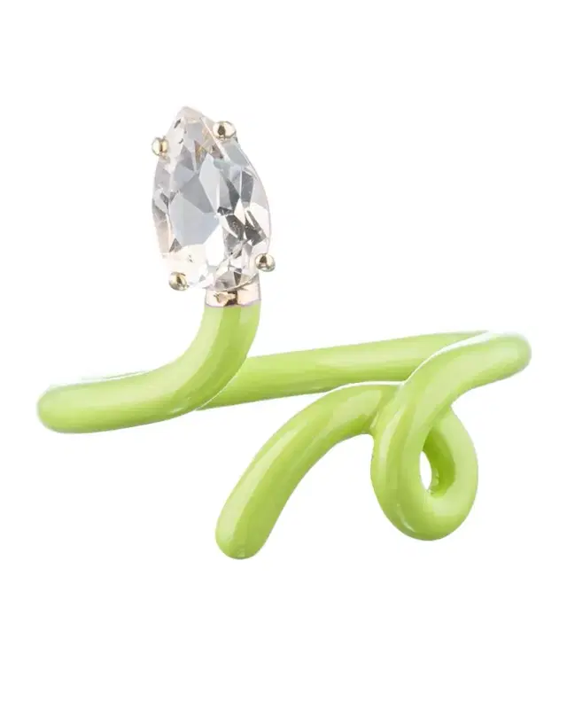 Baby Vine Tendril Statement Ring with Lime Green Enamel and Rock Crystal