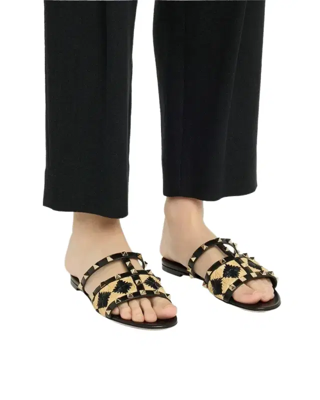 Rockstud Raffia Flat Slide Sandals
