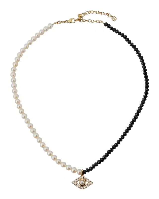 XL Pearl and Black Spinel Beaded Necklace with Diamond Evil Eye Charm