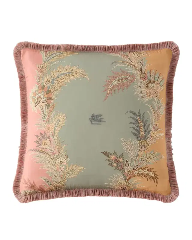 Caladium Embroidered Pillow with Fringe, 18" Square