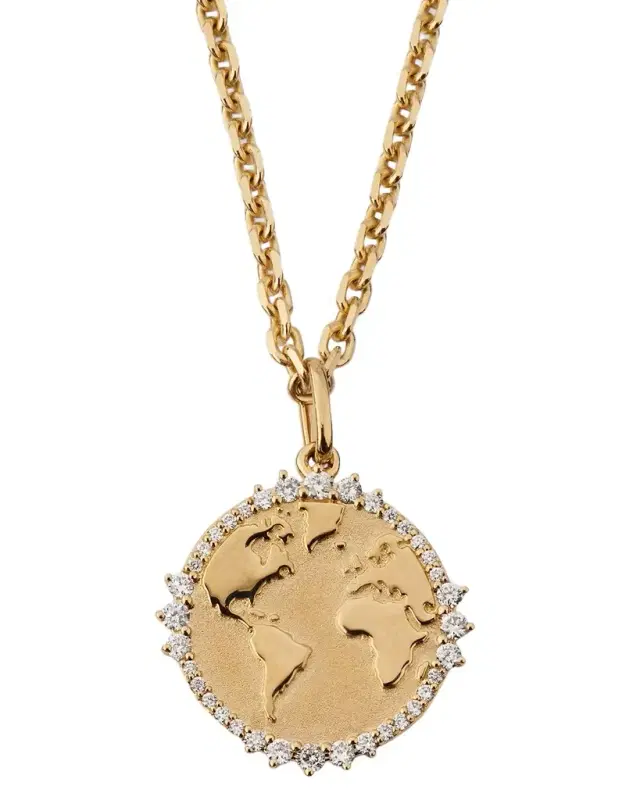 14K Yellow Gold Diamond World Traveler Coin Pendant Necklace