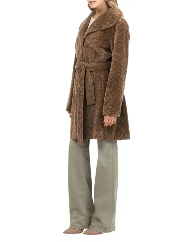 Textured Lamb Shearling Reversible Stroller Coat With Belt