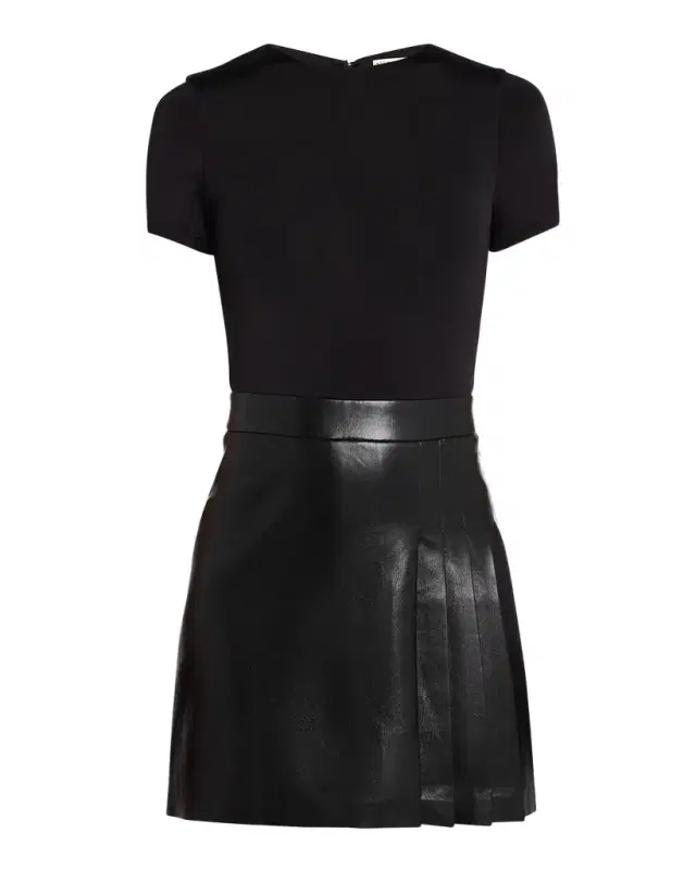 ALICE + OLIVIA Chara Vegan Leather Short-Sleeve Pleated Mini Dress