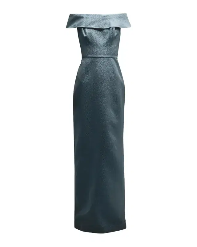 Rickie Freeman for Teri Jon Off-Shoulder Metallic Column Gown