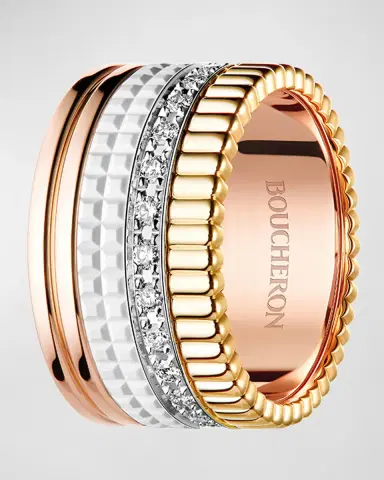 Boucheron Quatre Large Ring in Tricolor Gold with White Ceramic and Diamonds, Size 54 | Thumbnail 2