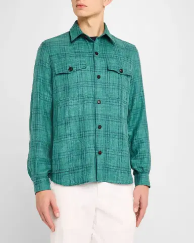 Isaia Men's Wool, Cotton, and Linen Check Overshirt | Thumbnail 4 Isaia Men's Wool, Cotton, and Linen Check Overshirt | Thumbnail 4