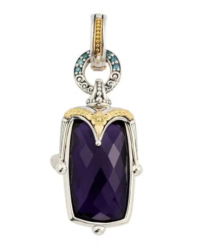 Sterling Silver and 18K Yellow Gold Pendant with Blue Diamonds and Dark Amethyst Quartz