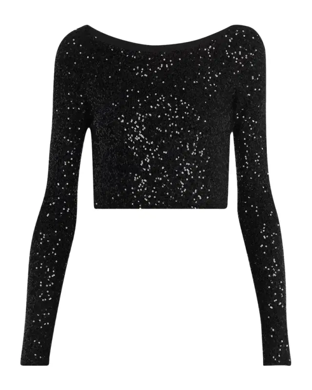 Sequin Cashmere Long-Sleeve Crop Top