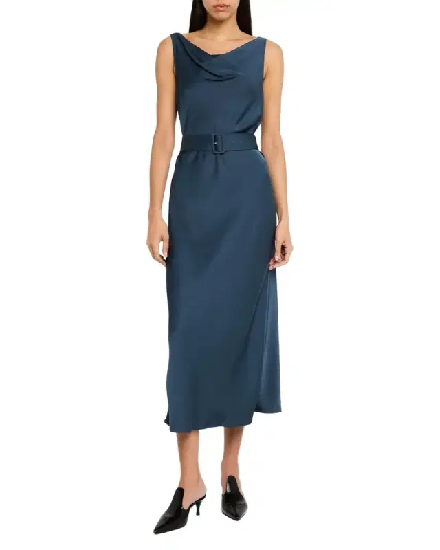 Cowl-Neck Belted Satin Midi Dress