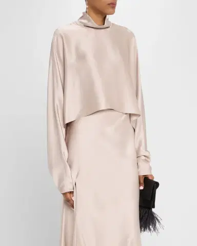 Lapointe Long-Sleeve Satin Crop Caftan Top | Thumbnail 3