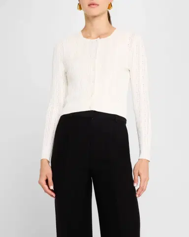 Adam Lippes Pointelle Compact Jacquard Crewneck Crop Cardigan | Thumbnail 4