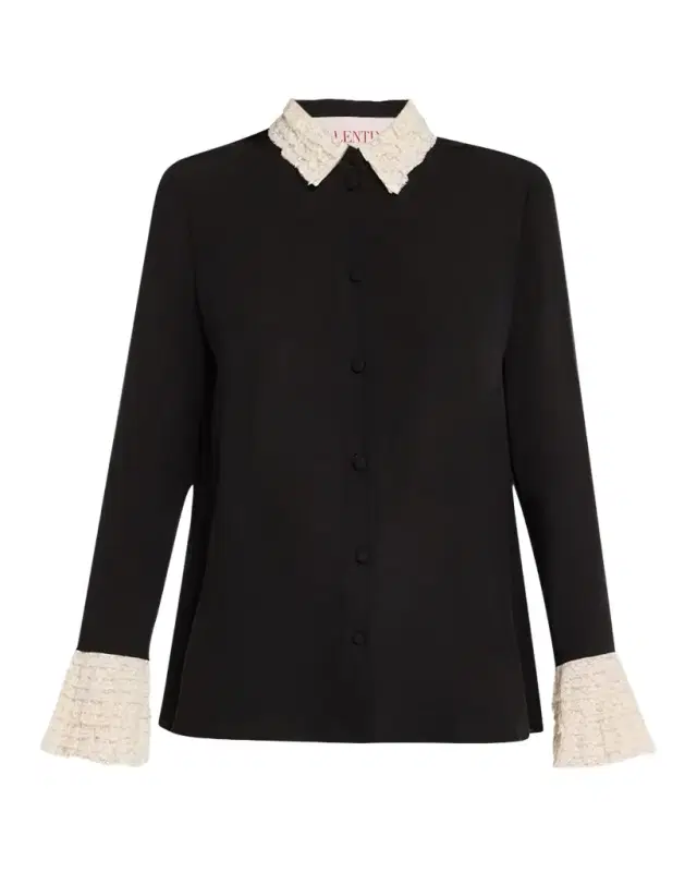 Lace Ruffle Button-Down Georgette Shirt