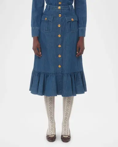 Valentino Garavani Button-Front Ruffle Denim Midi Skirt | Thumbnail 2 Valentino Garavani Button-Front Ruffle Denim Midi Skirt | Thumbnail 2