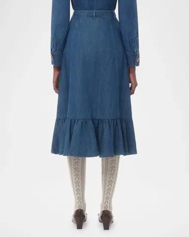 Valentino Garavani Button-Front Ruffle Denim Midi Skirt | Thumbnail 3 Valentino Garavani Button-Front Ruffle Denim Midi Skirt | Thumbnail 3