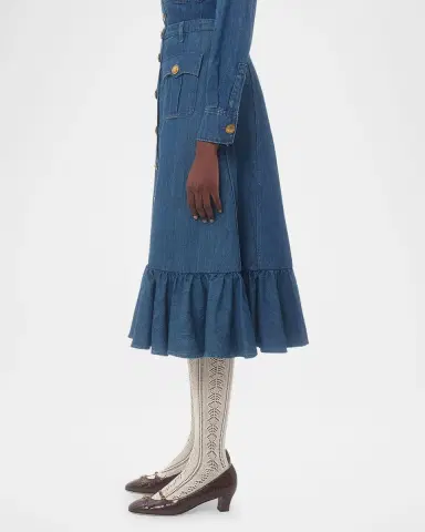 Valentino Garavani Button-Front Ruffle Denim Midi Skirt | Thumbnail 4 Valentino Garavani Button-Front Ruffle Denim Midi Skirt | Thumbnail 4