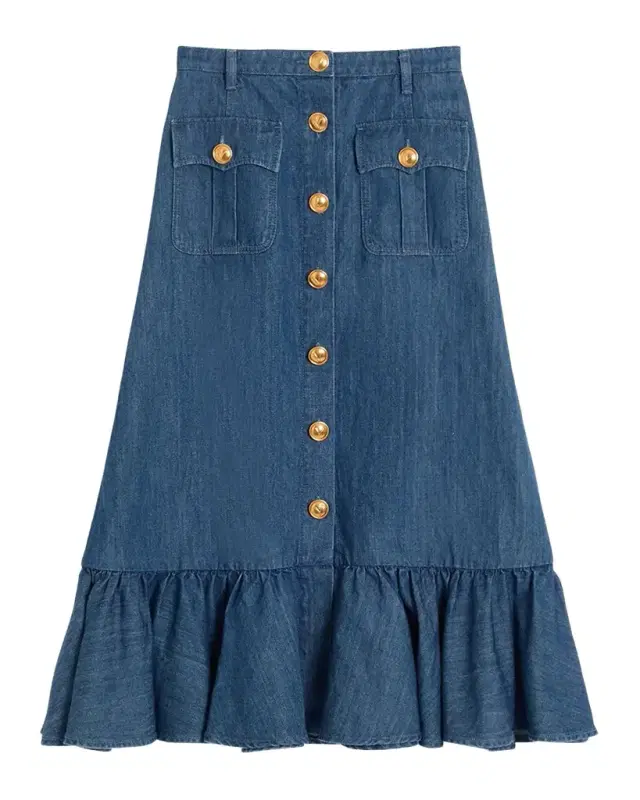 Button-Front Ruffle Denim Midi Skirt