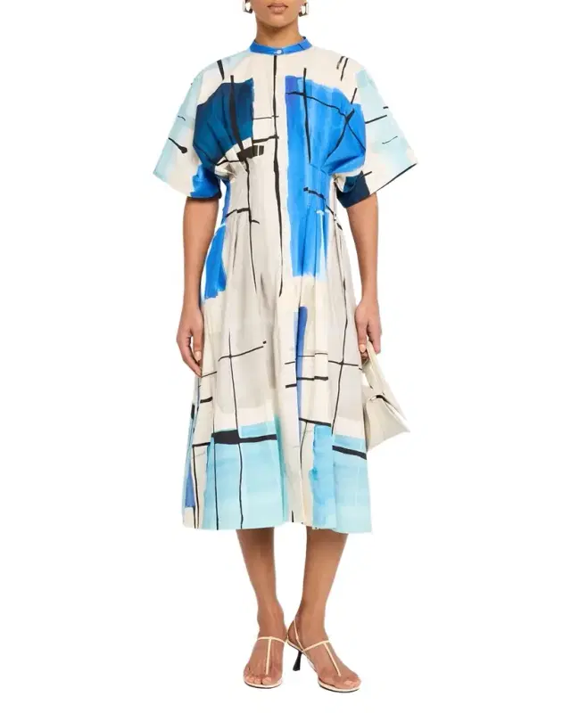 Natori Sorairo Brushstroke-Print Poplin Midi Dress