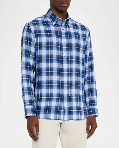 Brioni Men's Linen Madras Check Casual Button-Down Shirt | Thumbnail 4 Brioni Men's Linen Madras Check Casual Button-Down Shirt | Thumbnail 4
