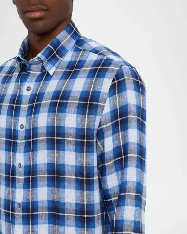 Brioni Men's Linen Madras Check Casual Button-Down Shirt | Thumbnail 5 Brioni Men's Linen Madras Check Casual Button-Down Shirt | Thumbnail 5