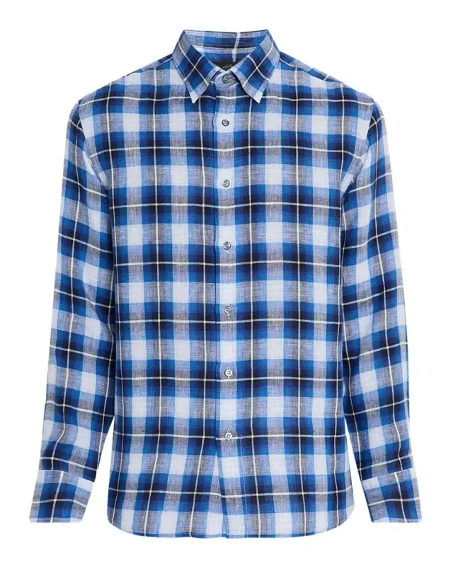 Men 's Linen Madras Check Casual Button-Down Shirt