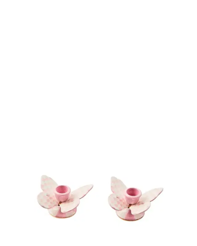 MacKenzie-Childs Rosy Check Butterfly Candle Holders, Set of 2