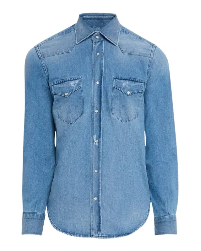 Men 's Medium-Wash Denim Western Shirt