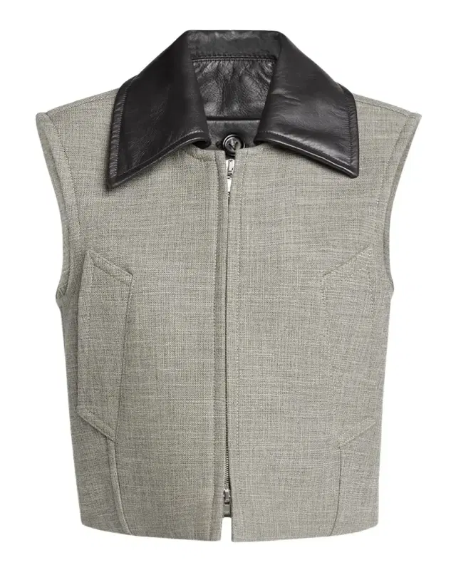 Leather-Collar Structured Melange Vest
