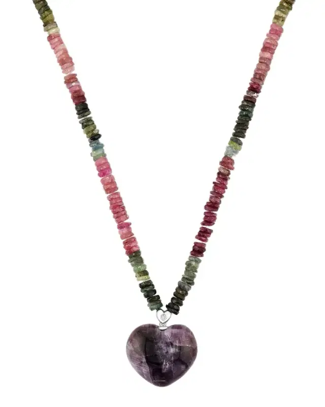 Tripache Amethyst and Diamond Heart Necklace with Tourmaline Beads