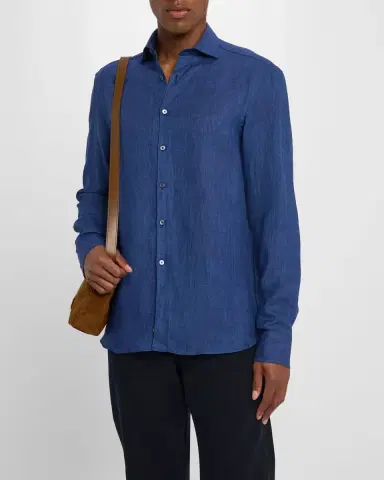 Canali Men's Linen Casual Button-Down Shirt | Thumbnail 4 Canali Men's Linen Casual Button-Down Shirt | Thumbnail 4