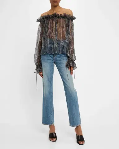 Saint Laurent Metallic Paisley Ruffle Off-The-Shoulder Blouse | Thumbnail 2 Saint Laurent Metallic Paisley Ruffle Off-The-Shoulder Blouse | Thumbnail 2