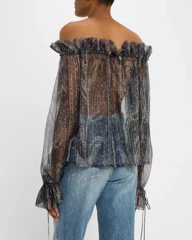 Saint Laurent Metallic Paisley Ruffle Off-The-Shoulder Blouse | Thumbnail 3 Saint Laurent Metallic Paisley Ruffle Off-The-Shoulder Blouse | Thumbnail 3
