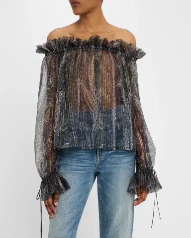 Saint Laurent Metallic Paisley Ruffle Off-The-Shoulder Blouse | Thumbnail 4 Saint Laurent Metallic Paisley Ruffle Off-The-Shoulder Blouse | Thumbnail 4