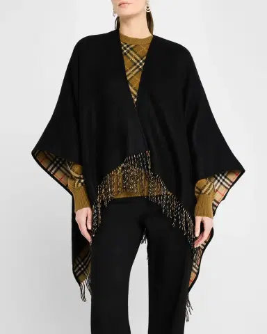 Burberry Vintage-Style Check Fringed Wool Cape | Thumbnail 3