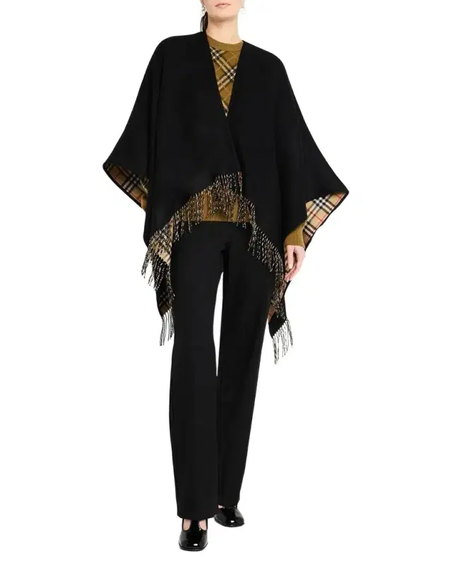 Burberry Vintage-Style Check Fringed Wool Cape