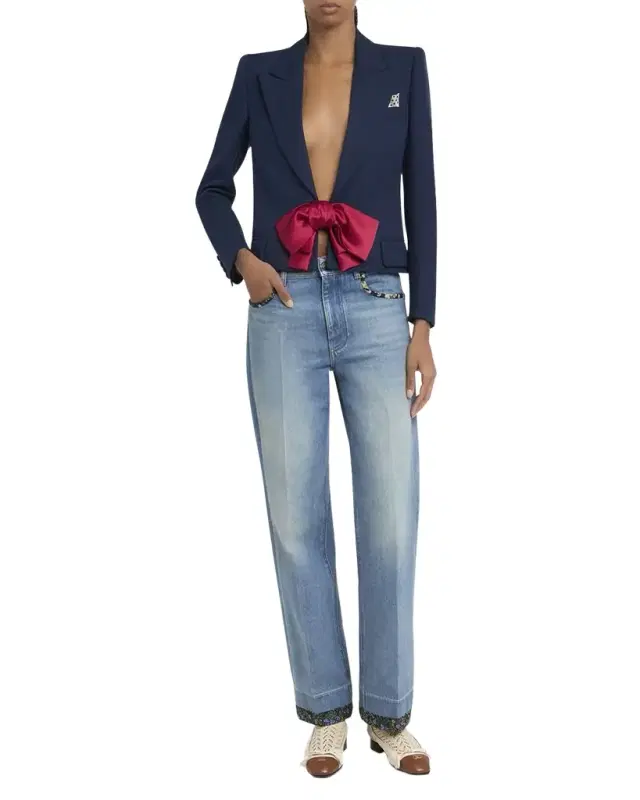 Bow Closure Cropped Wool Blazer