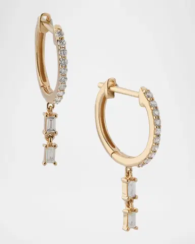 LANA 14K Gold Mini Flawless Diamond Huggie Earrings with Double Dangle Baguettes | Thumbnail 3