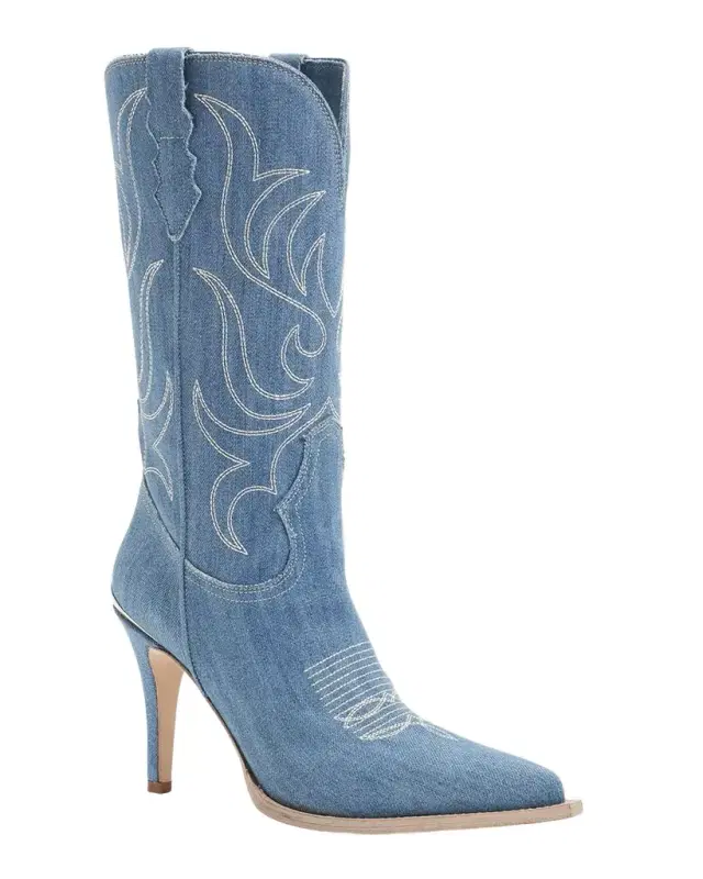 Cherie Denim Western Stiletto Mid Boots