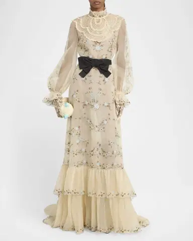 Valentino Garavani Ruffle Embroidered Bib Long-Sleeve Bow Gown | Thumbnail 2 Valentino Garavani Ruffle Embroidered Bib Long-Sleeve Bow Gown | Thumbnail 2