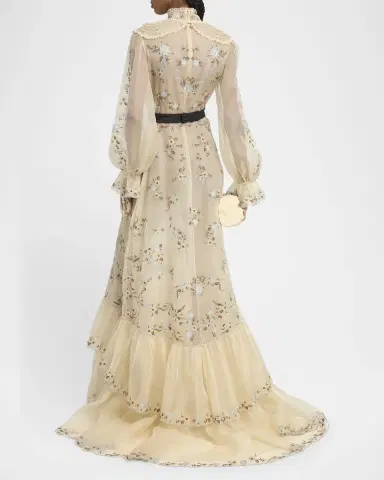 Valentino Garavani Ruffle Embroidered Bib Long-Sleeve Bow Gown | Thumbnail 3 Valentino Garavani Ruffle Embroidered Bib Long-Sleeve Bow Gown | Thumbnail 3