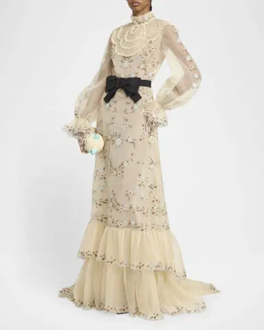 Valentino Garavani Ruffle Embroidered Bib Long-Sleeve Bow Gown | Thumbnail 4 Valentino Garavani Ruffle Embroidered Bib Long-Sleeve Bow Gown | Thumbnail 4