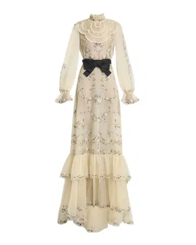 Valentino Garavani Ruffle Embroidered Bib Long-Sleeve Bow Gown | Thumbnail 1 Valentino Garavani Ruffle Embroidered Bib Long-Sleeve Bow Gown | Thumbnail 1