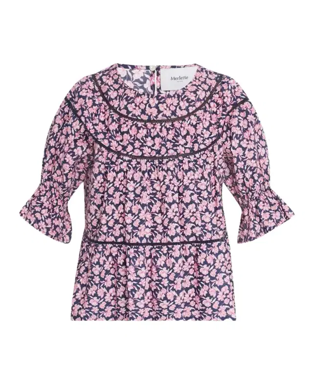 Merlette Sol Ruched Floral-Print Cotton Blouse